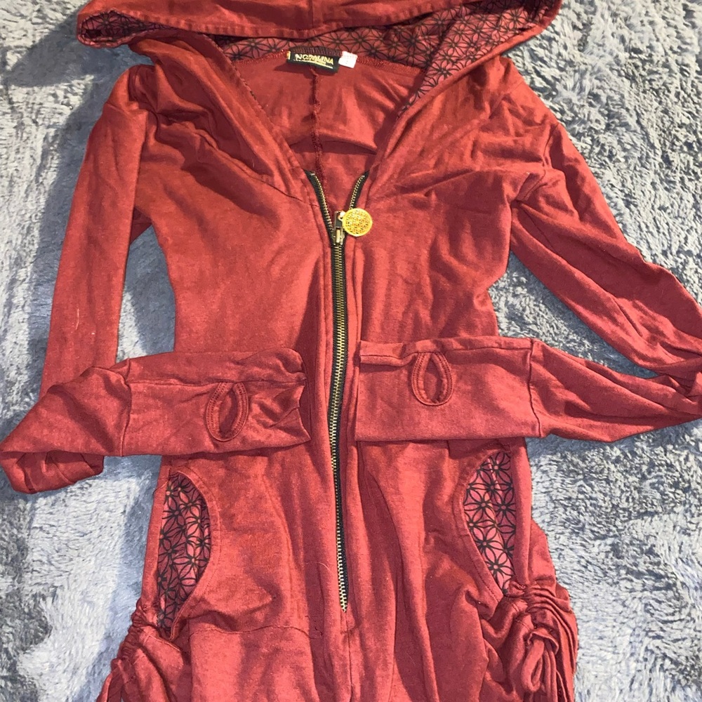 Small Noralina Freedom Long Sleeve Maroon Body Suit with hood and pockets